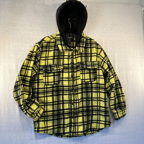 Forever 21 Men Yellow Black Plaid Hooded Flannel Shirt Jacket Size L Pockets - Picture 11 of 12